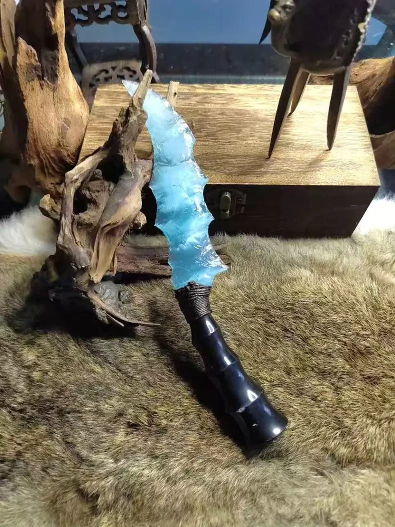 Knapped Stone Knife, Cat's-Eye Stone Knife, Clear-Water Stone Blade, Sky-Blue Gem Blade "Azure Wave Dragon," Blade of the Ocean, Dragon-Crystal Water-Severing Blade.