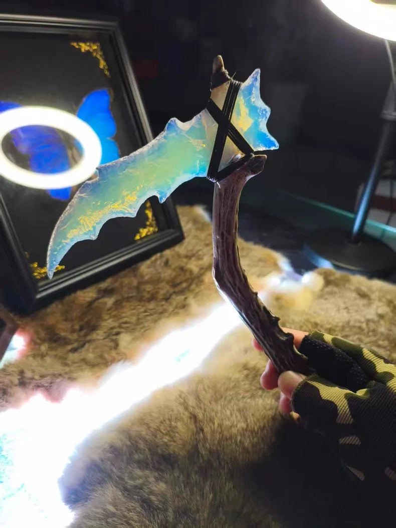 Knapped stone knife (white opal "Demon's Scythe" style); knapped stone display piece; "Dragon Crystal" hunting knife series (spin-off/Dark Series).