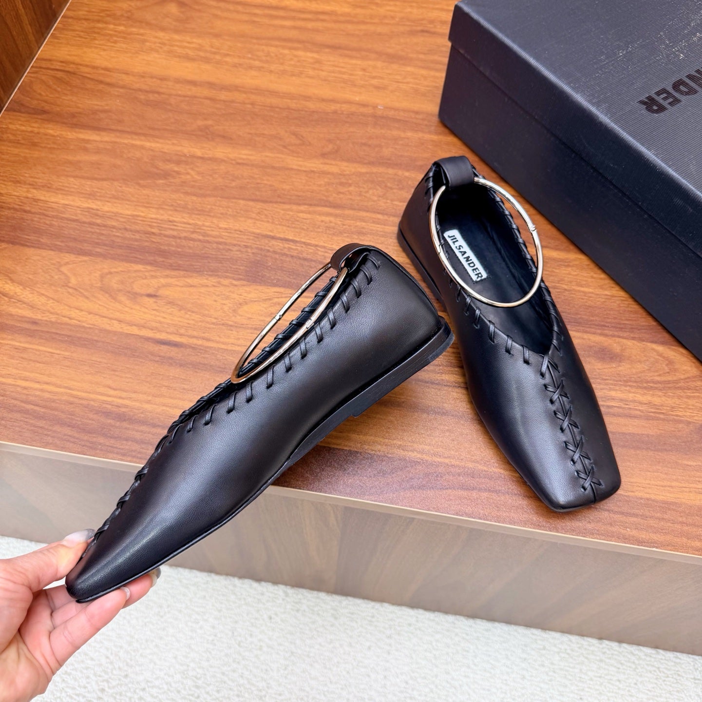 Jil Sander Classic Metallic Ring Ballet Flats (Black)