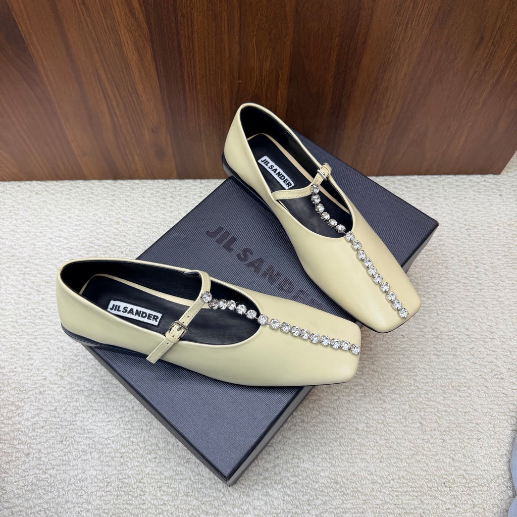 Jil Sander Luxury Crystal-Embellished Mary Jane Ballet Flats (Off-White)