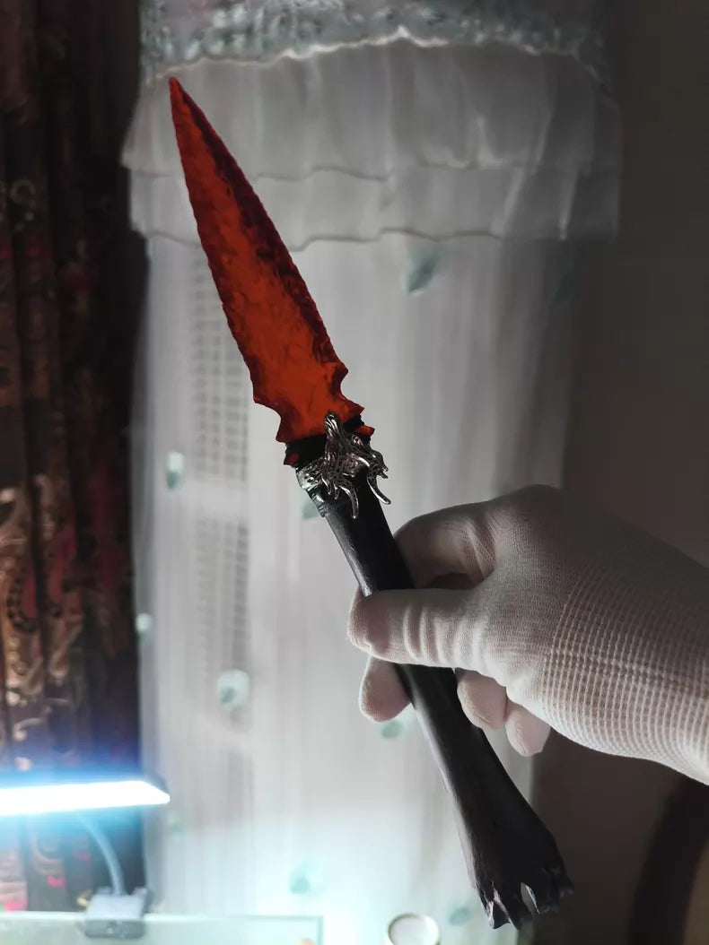 Knapped stone tool with red crystal and red glass; straight-edged stone knife/blade—new "War-Stab" series stone knife.