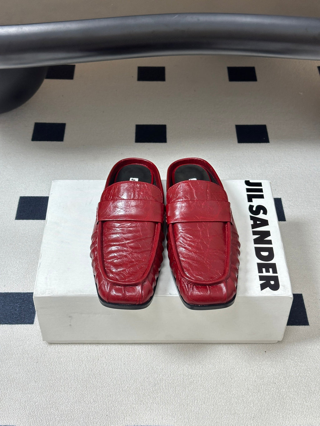 JIL SANDER Square-Toe Pleated Leather Mules (Red)