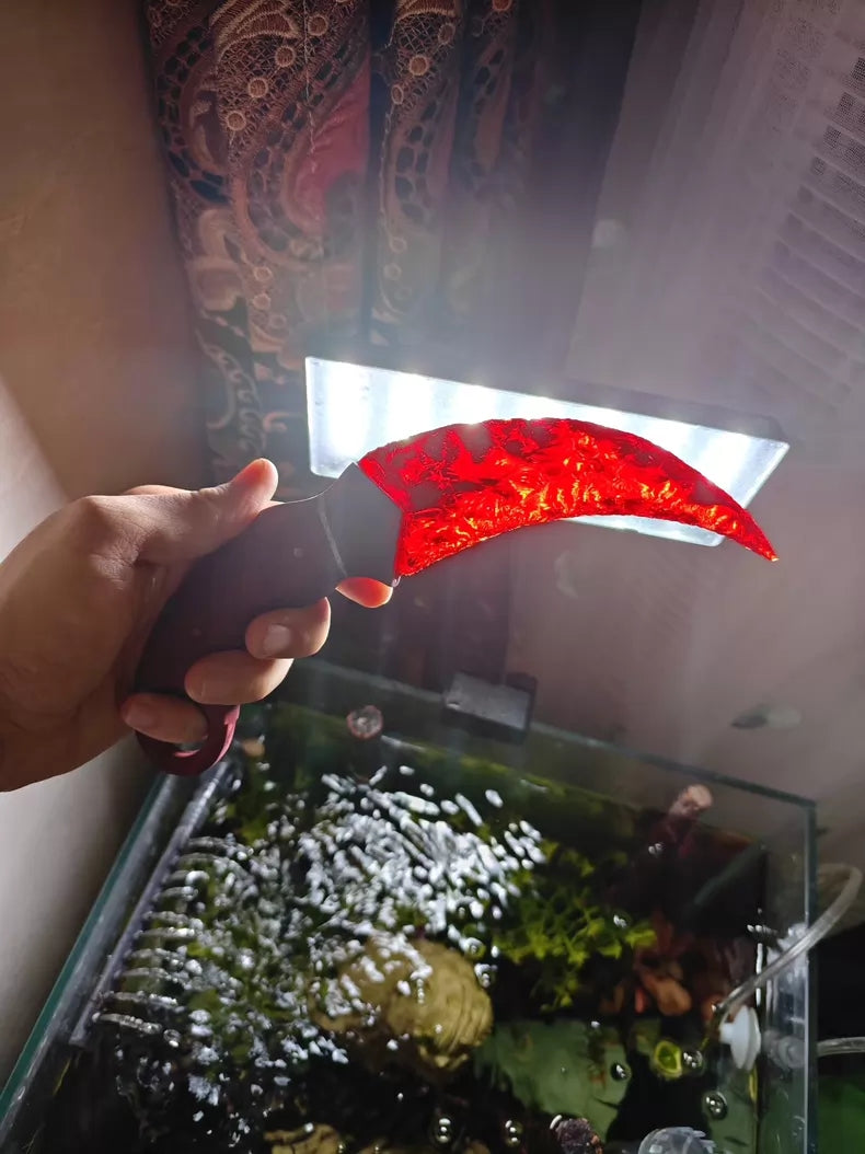 Knapped stone knife (karambit style with wooden handle) – K9 red crystal stone knife