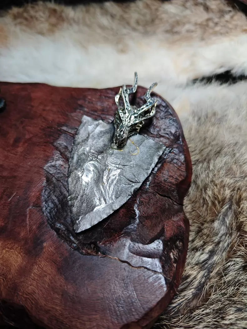 "Dragon Shield" – A Masterpiece Hand-Crafted Silver Sheen Obsidian Pendant Featuring a Dragon-Head Silver Shield Design