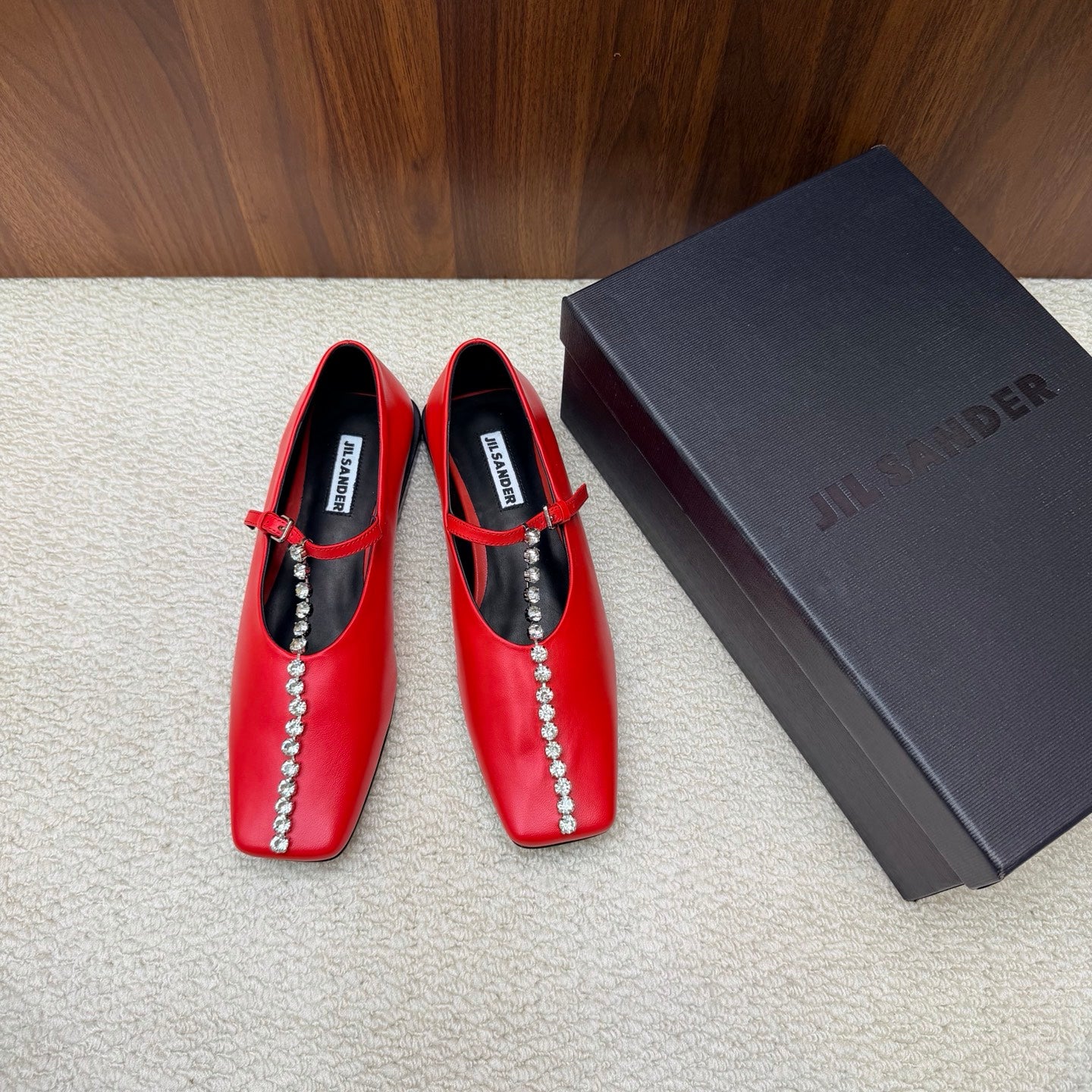 Jil Sander Luxury Crystal-Embellished Mary Jane Ballet Flats (Red)
