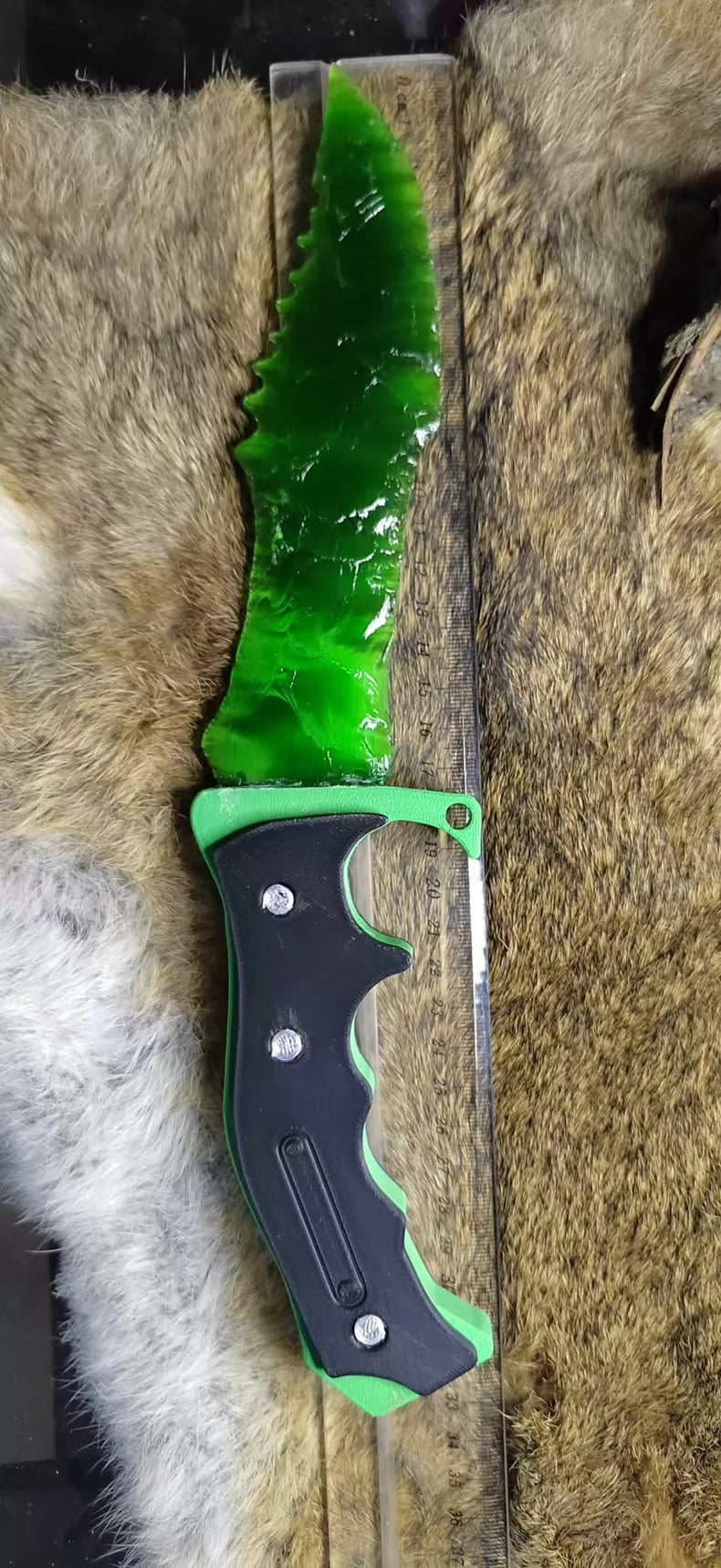 Knapped stone knife; knapped stone "Hunter's Dagger"! Green cat's-eye stone knife—CS:GO Doppler Emerald style.