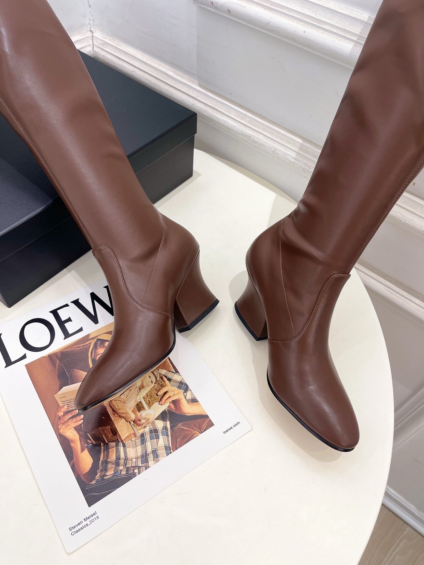 Jil Sander Minimalist Retro Stretch High-Shaft Boots with Block Heels Brown