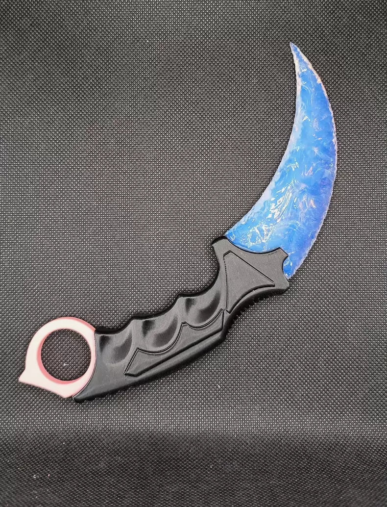 Hand-crafted stone-style Karambit, pink opal-style Karambit, 3D-printed handle, flame-pattern pink Karambit, CS:GO Karambit.