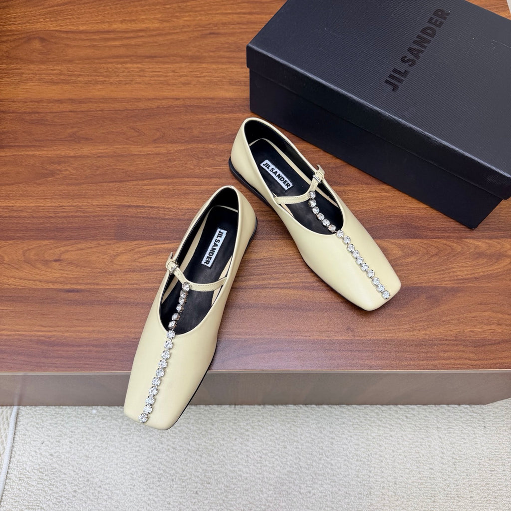 Jil Sander Luxury Crystal-Embellished Mary Jane Ballet Flats (Off-White)