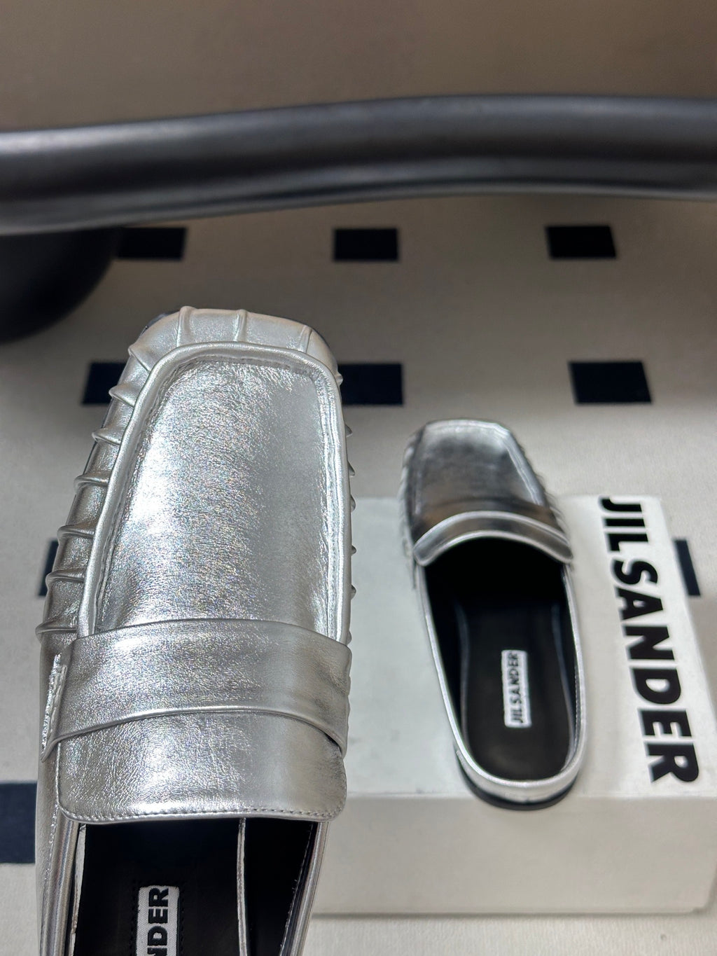 JIL SANDER Square-Toe Pleated Leather Mules (Silver)