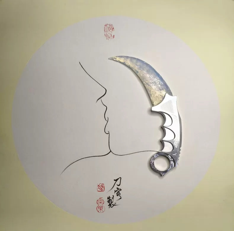 Hand-forged Karambit, albumin-style finish, metal handle, menacingly cold aesthetic, CS:GO Karambit.