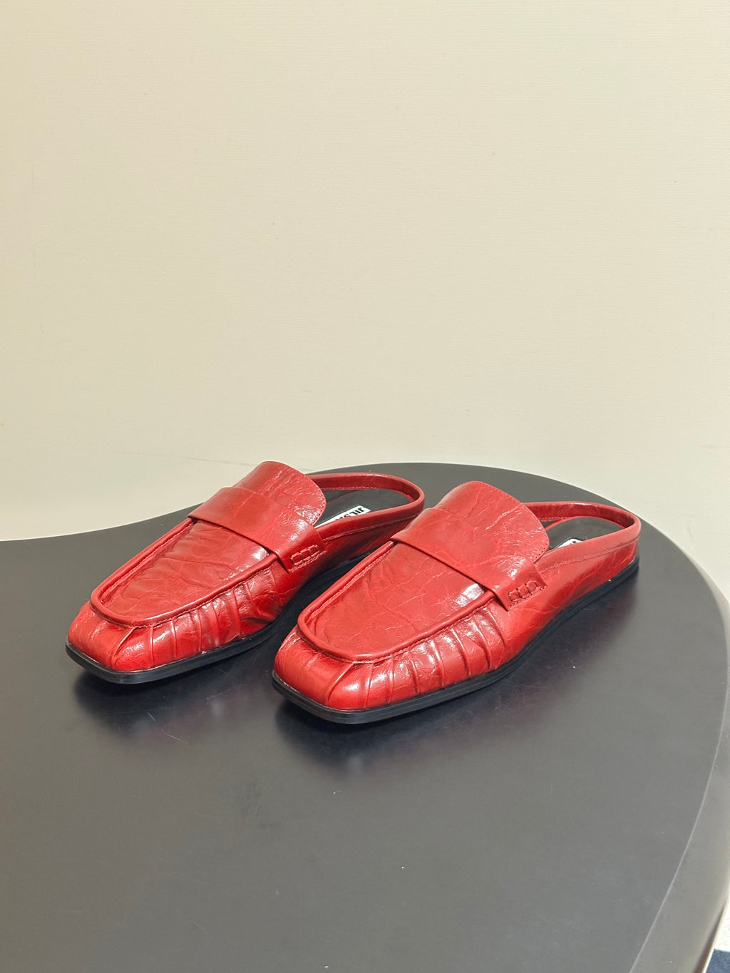 JIL SANDER Square-Toe Pleated Leather Mules (Red)