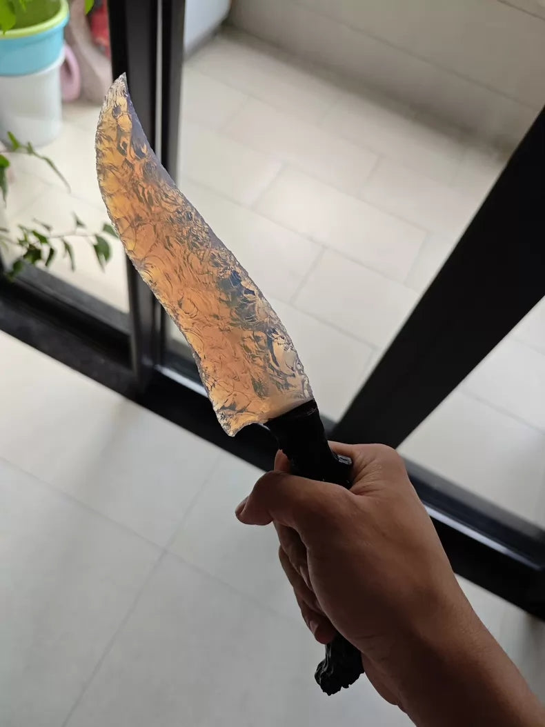 Knapped stone knife, premium long hunting knife, hunting knife, exquisite pink opal blade, hunting knife with a pink gemstone luster.