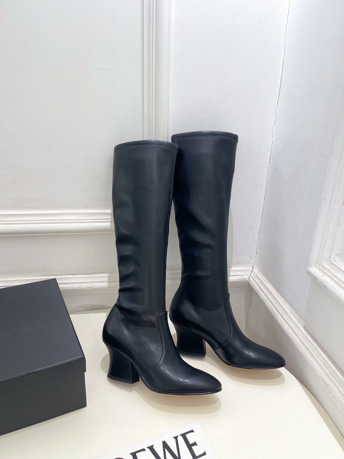 Jil Sander Black Minimalist Retro Stretch High-Shaft Boots with Block Heels