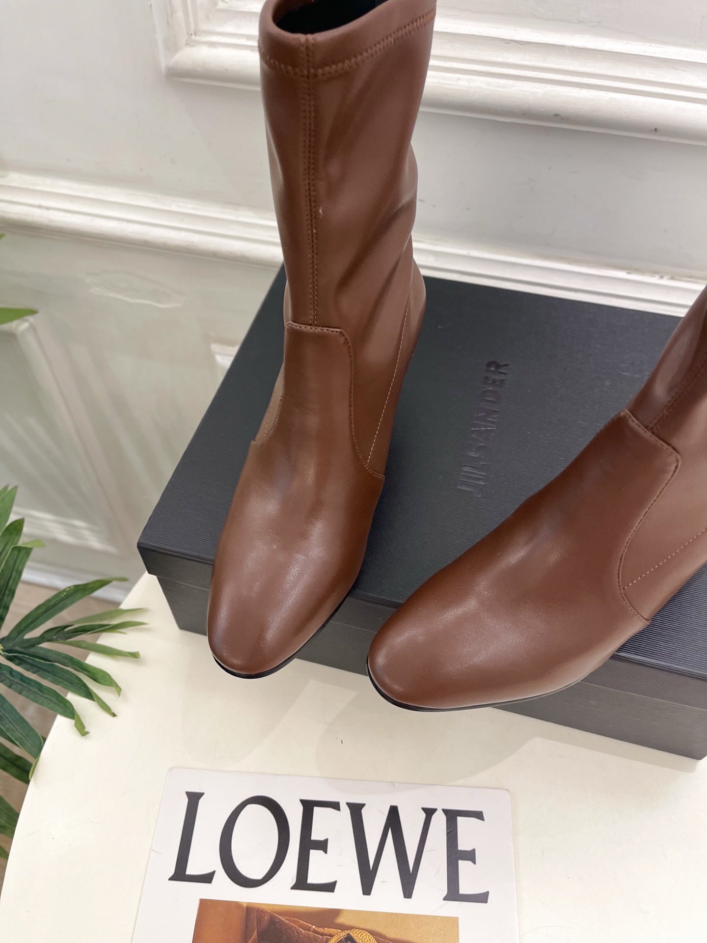 Jil Sander Minimalist Retro Stretch Ankle Boots with Block Heels Brown