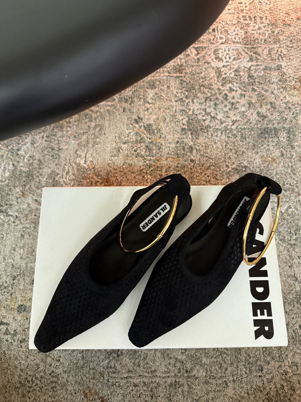 Jil Sander Pointed-Toe Perforated Suede Ballet Flats (Black)