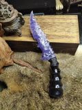 Knapped stone knife; deep violet cat's-eye "Flame Blade"; obsidian "Dragon-Crystal" blade—"Eternal Flower"