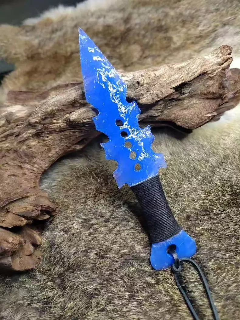 Tactical custom-forged stone-style knife; handcrafted custom knife with a unique blade shape and blue opal inlay; full-tang construction.