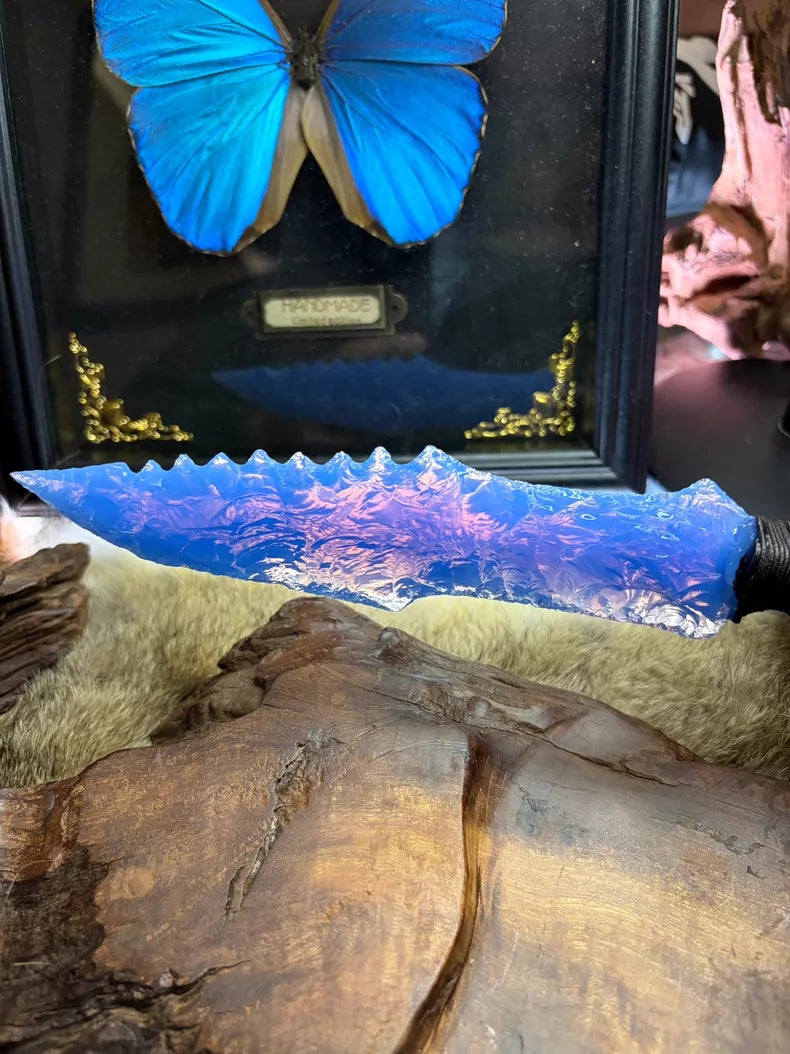 Knapped stone tools, stone knives, stone blades, hunter, blue opal knapped stone blade.