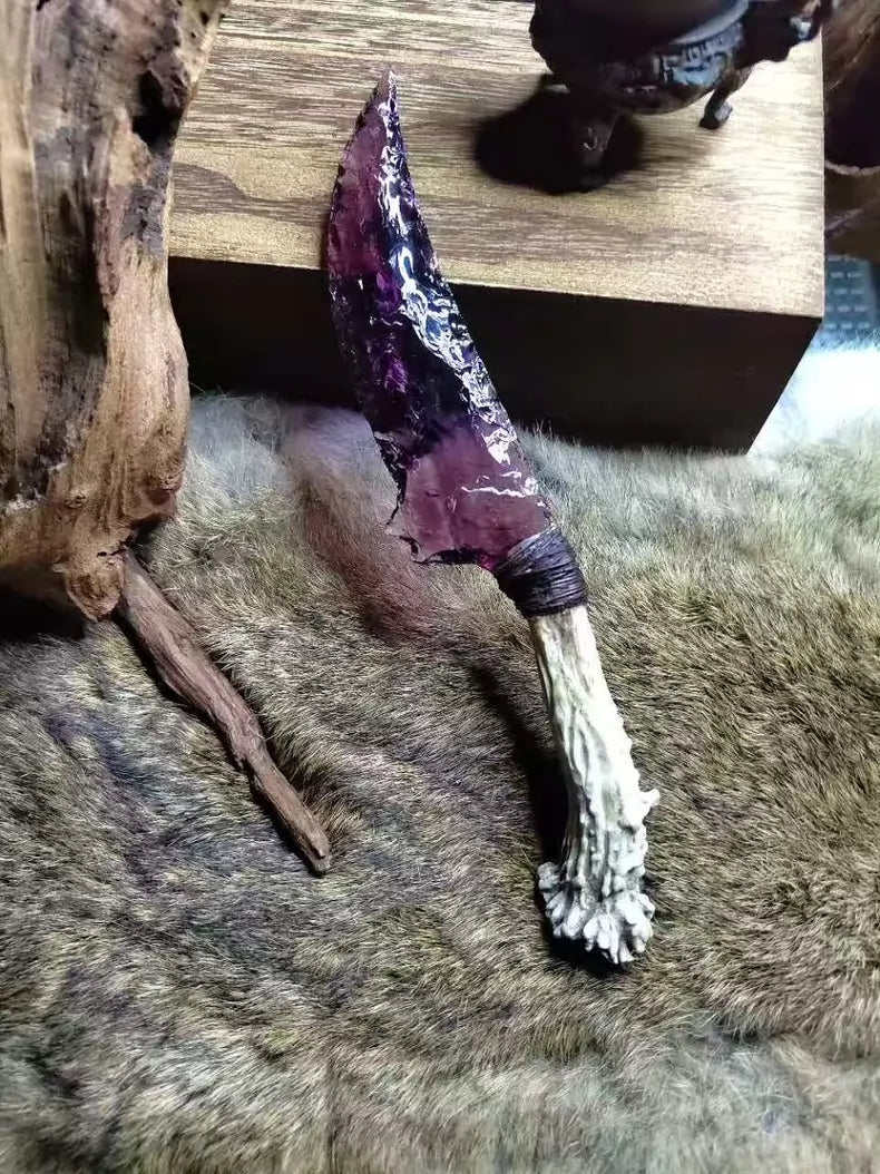 Flaked stone knife, premium hunting knife, "Purple Phantom," "Deadly Violet," Dragon Crystal series, Dragon Crystal dagger, hunting knife.