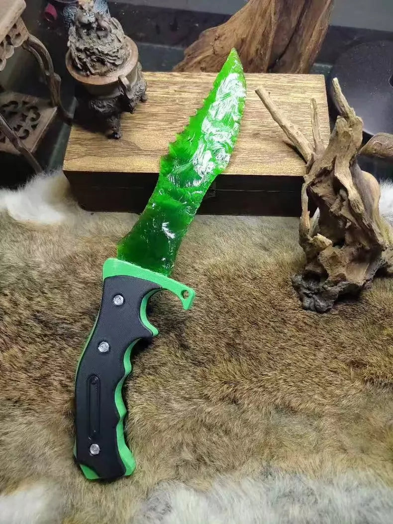 Knapped stone knife; knapped stone "Hunter's Dagger"! Green cat's-eye stone knife—CS:GO Doppler Emerald style.