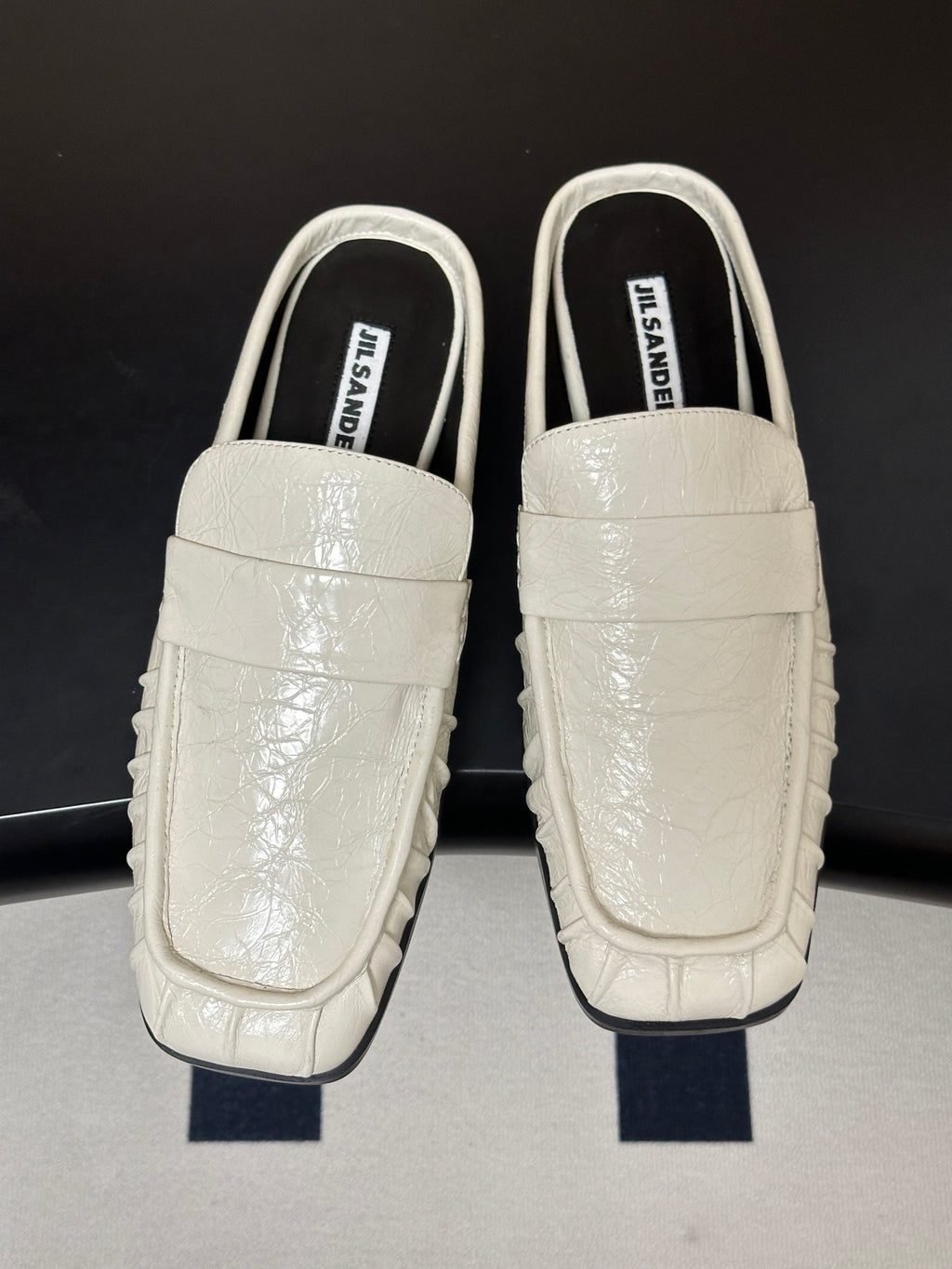 JIL SANDER Square-Toe Pleated Leather Mules (White)