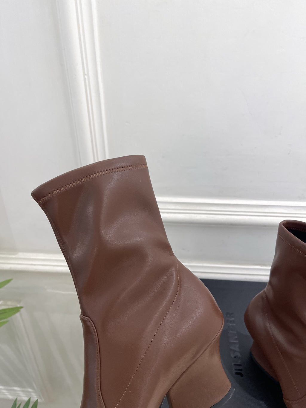 Jil Sander Minimalist Retro Stretch Ankle Boots with Block Heels Brown
