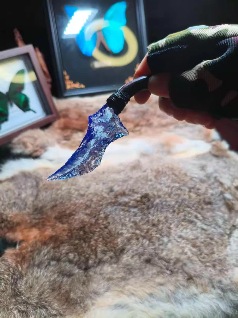 Knapped stone knife for opening packages; unique-shaped small knife; blue opal knife.