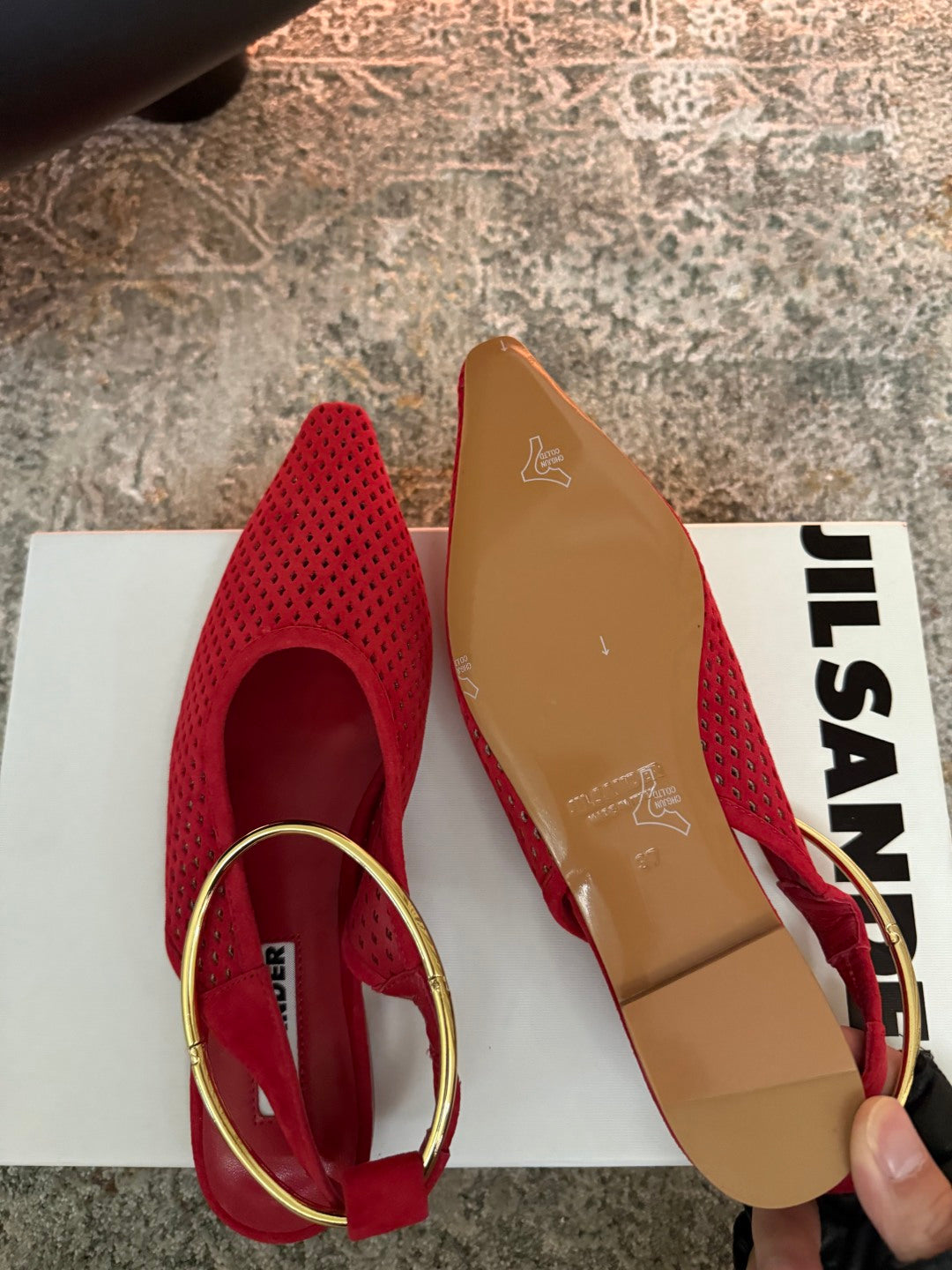 Jil Sander Pointed-Toe Perforated Suede Ballet Flats (Red)