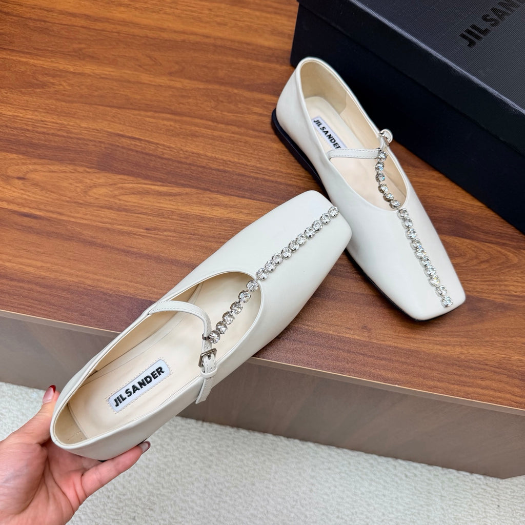 Jil Sander Luxury Crystal-Embellished Mary Jane Ballet Flats (White)