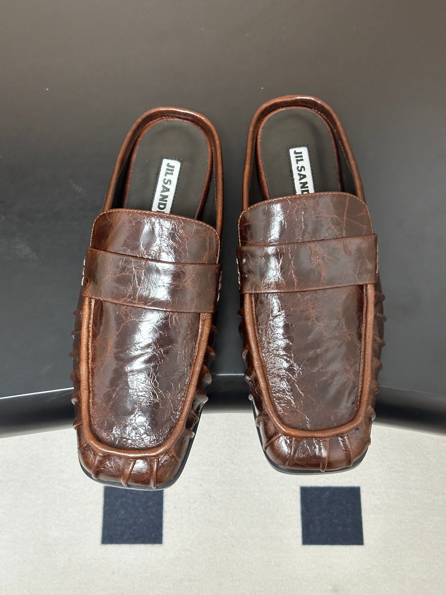 JIL SANDER Square-Toe Pleated Leather Mules (Brown)