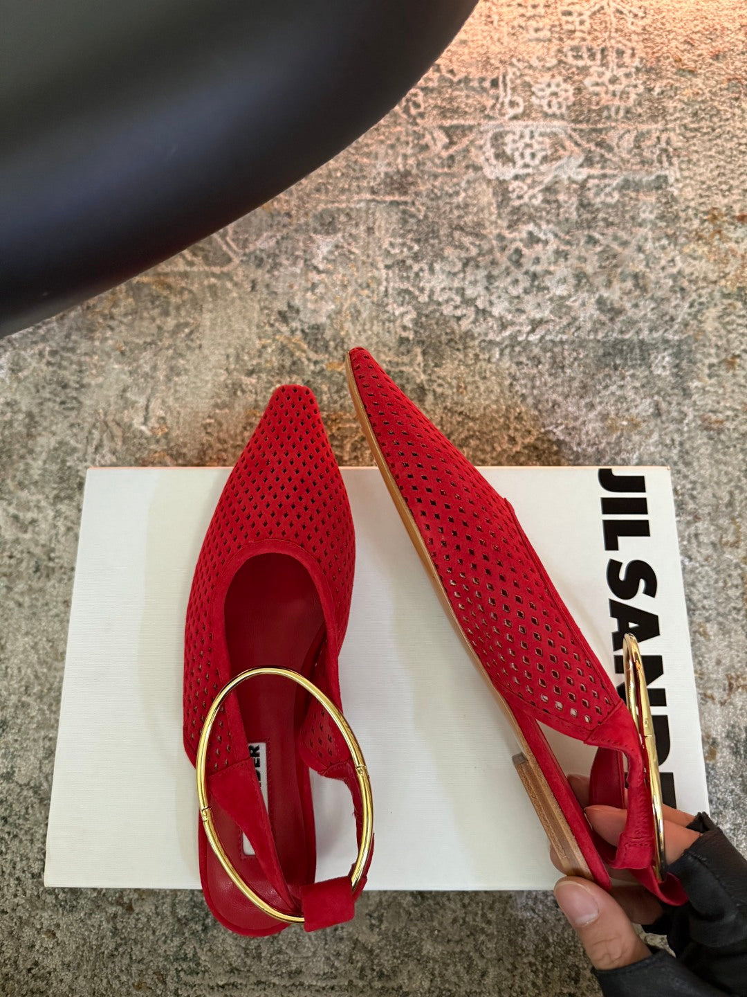 Jil Sander Pointed-Toe Perforated Suede Ballet Flats (Red)