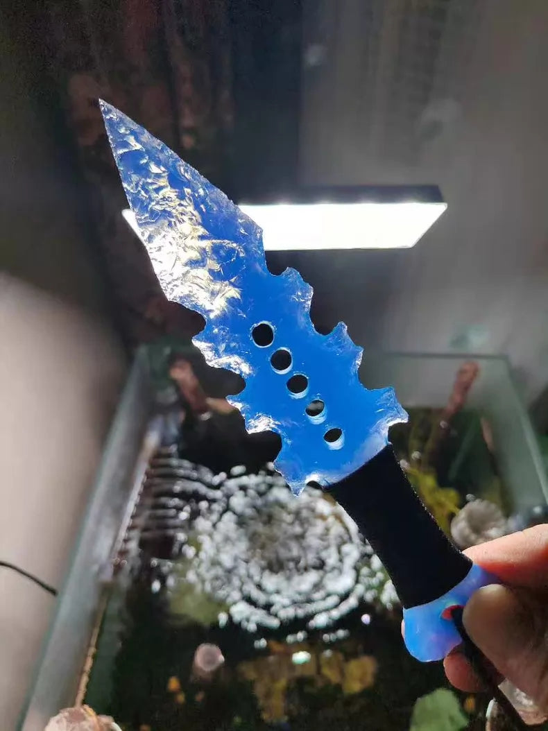 Tactical custom-forged stone-style knife; handcrafted custom knife with a unique blade shape and blue opal inlay; full-tang construction.