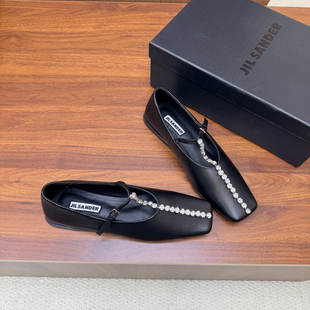 Jil Sander Luxury Crystal-Embellished Mary Jane Ballet Flats (Black)