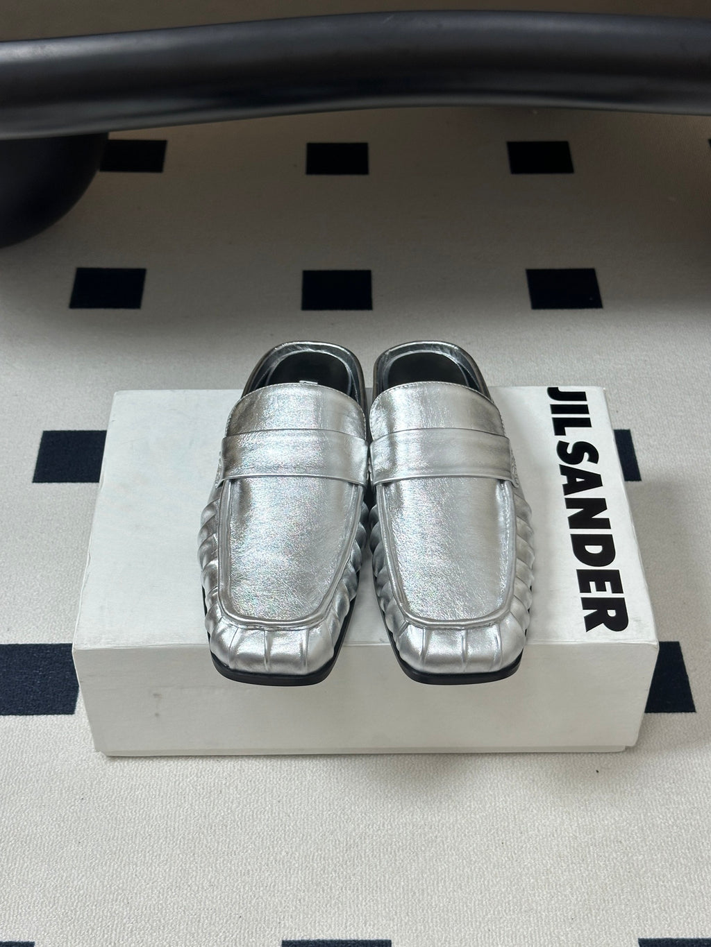 JIL SANDER Square-Toe Pleated Leather Mules (Silver)