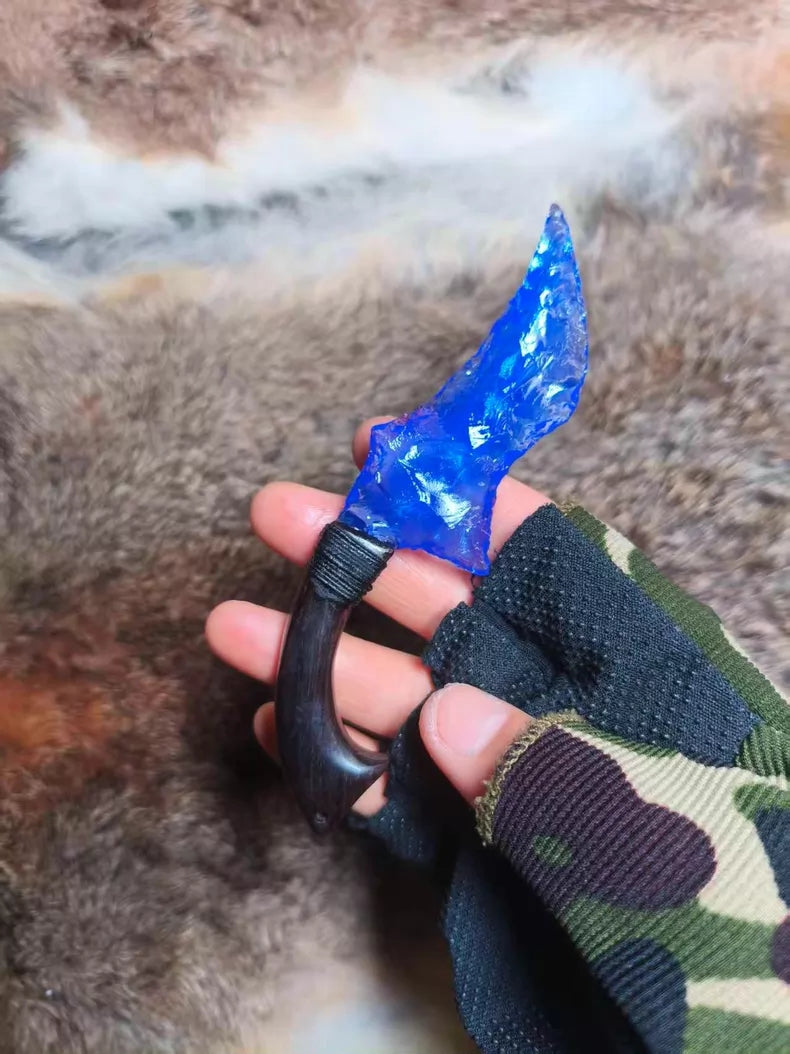 Knapped stone knife for opening packages; unique-shaped small knife; blue opal knife.