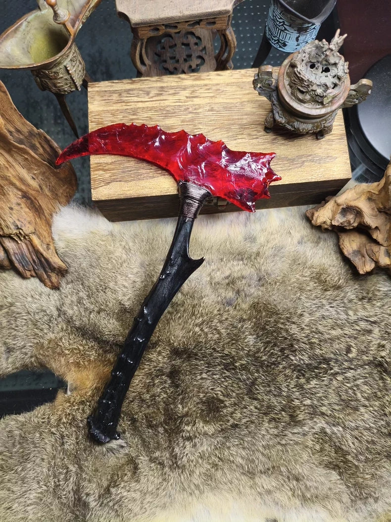 Hand-knapped stone knife: "Blood-Red Sickle" series—a highly complex, uniquely shaped "Crimson Flame" treasure blade.