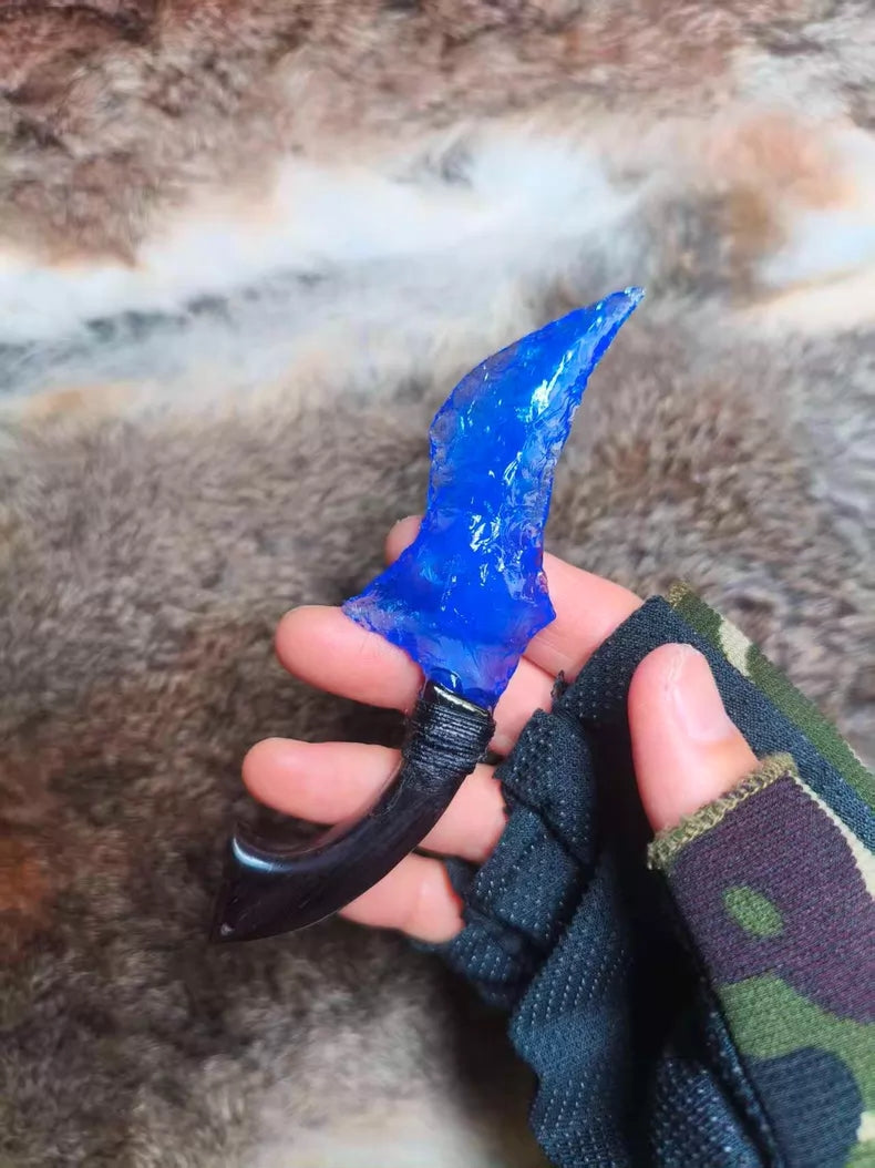 Knapped stone knife for opening packages; unique-shaped small knife; blue opal knife.