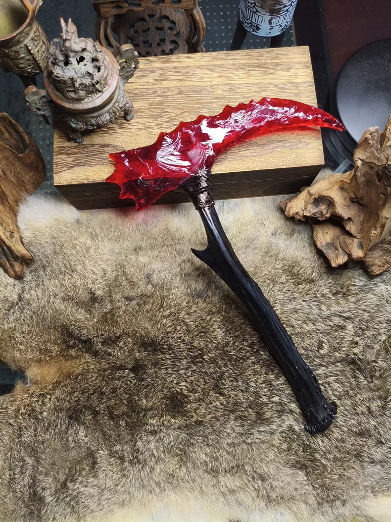 Hand-knapped stone knife: "Blood-Red Sickle" series—a highly complex, uniquely shaped "Crimson Flame" treasure blade.