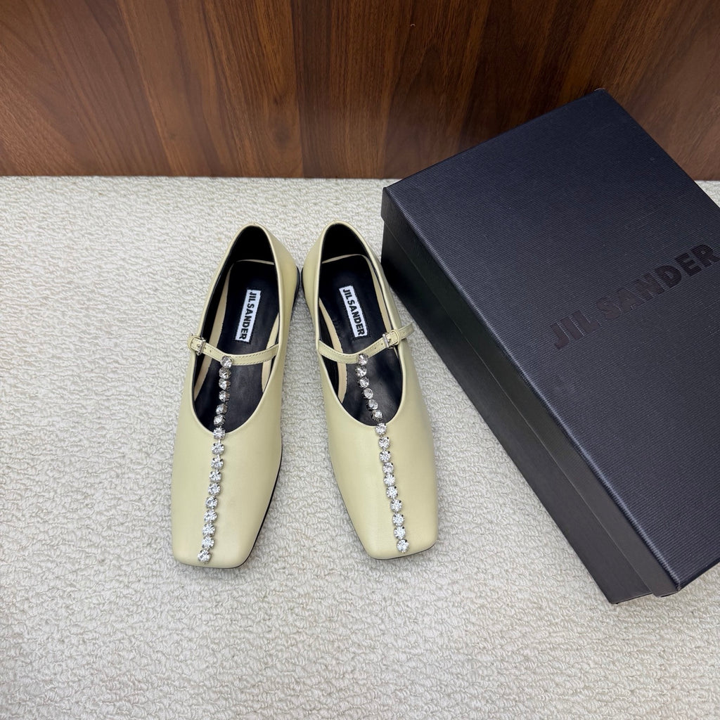 Jil Sander Luxury Crystal-Embellished Mary Jane Ballet Flats (Off-White)