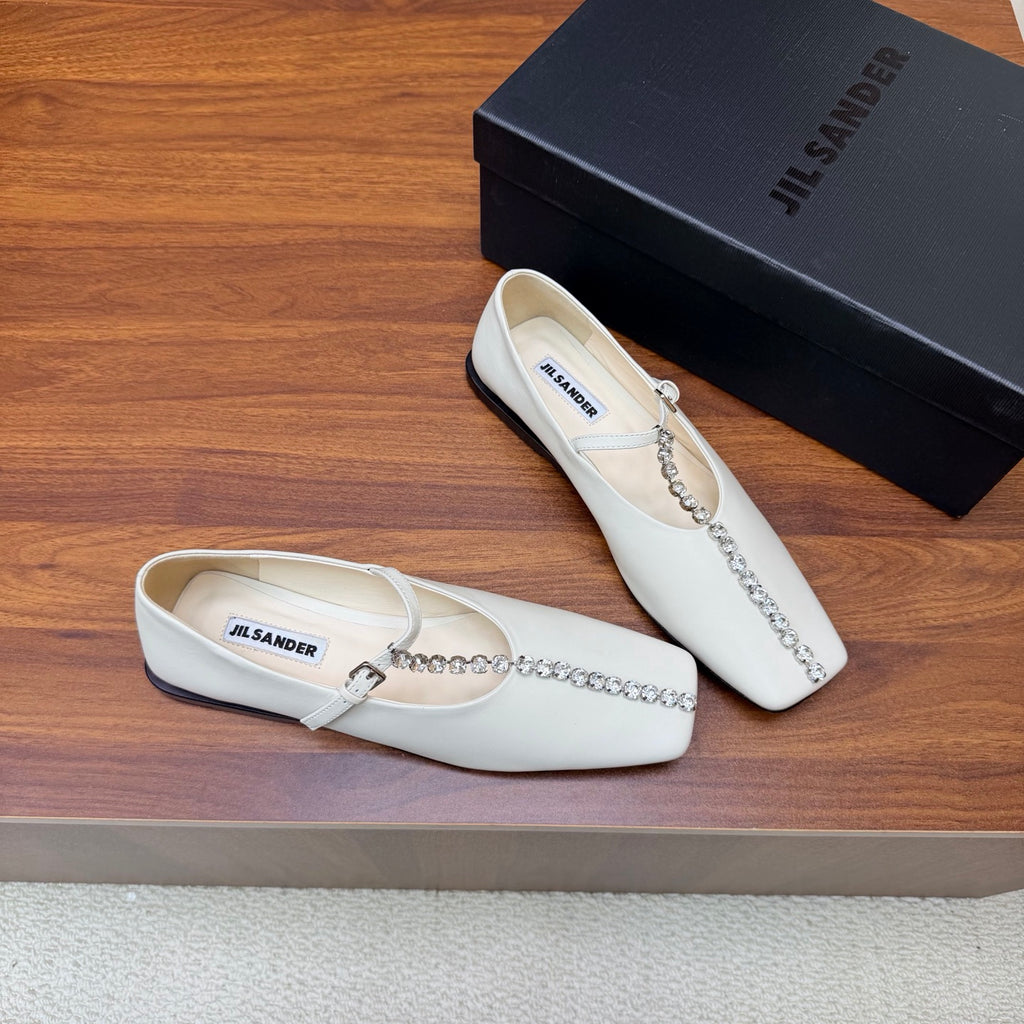 Jil Sander Luxury Crystal-Embellished Mary Jane Ballet Flats (White)