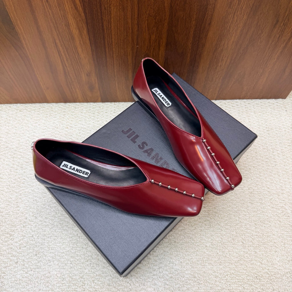 Jil Sander Stud-Embellished Leather Ballet Flats (Red)