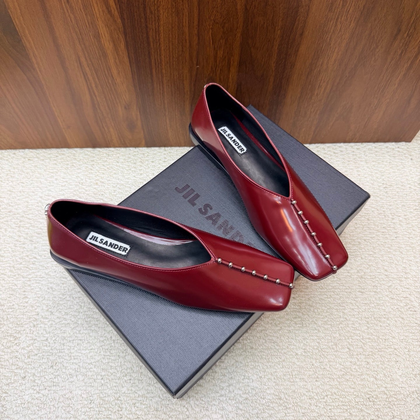 Jil Sander Stud-Embellished Leather Ballet Flats (Red)