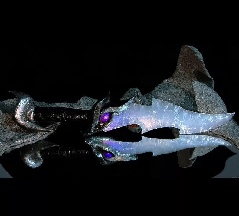 Custom-made "Chipped Stone" style epoxy resin knife handle featuring silvery-white cat's-eye stone and Parker-style accents; "Chipped Stone" style crystal knife.