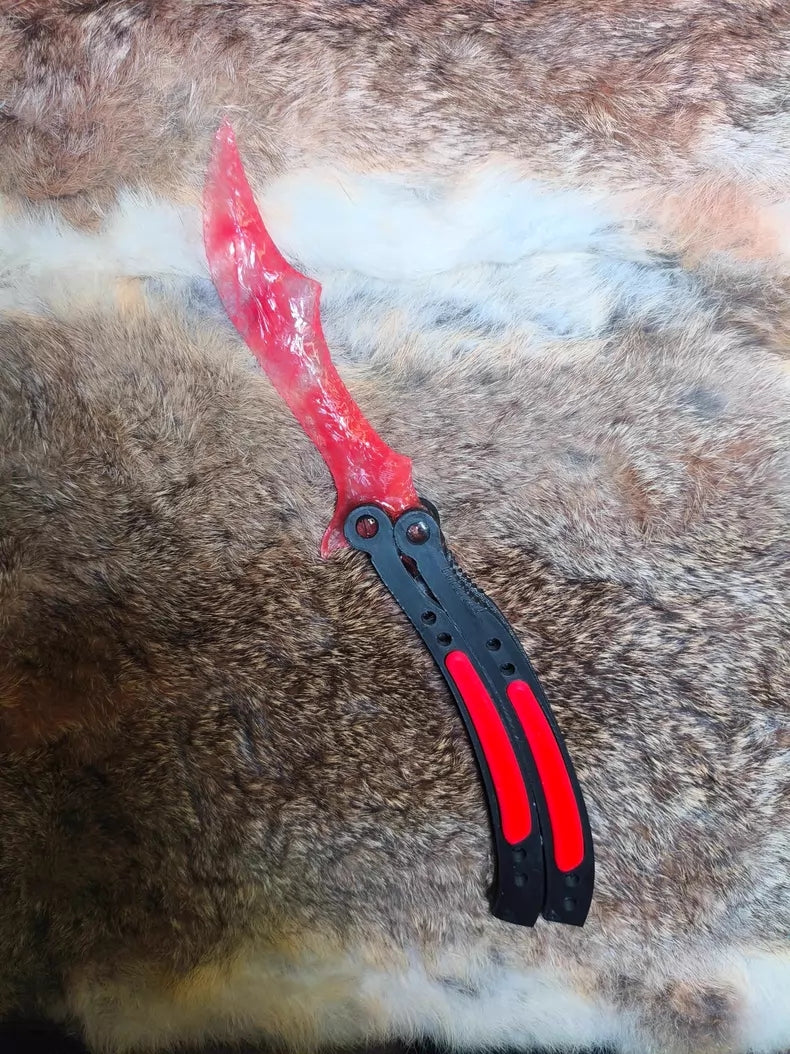 Knapped stone knife, CS:GO butterfly knife, red smelted stone blade with red gradient.