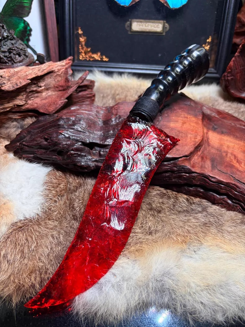 Knapped stone knife, red glass ancient-style hunting knife, flame-shaped stone blade, obsidian knife.