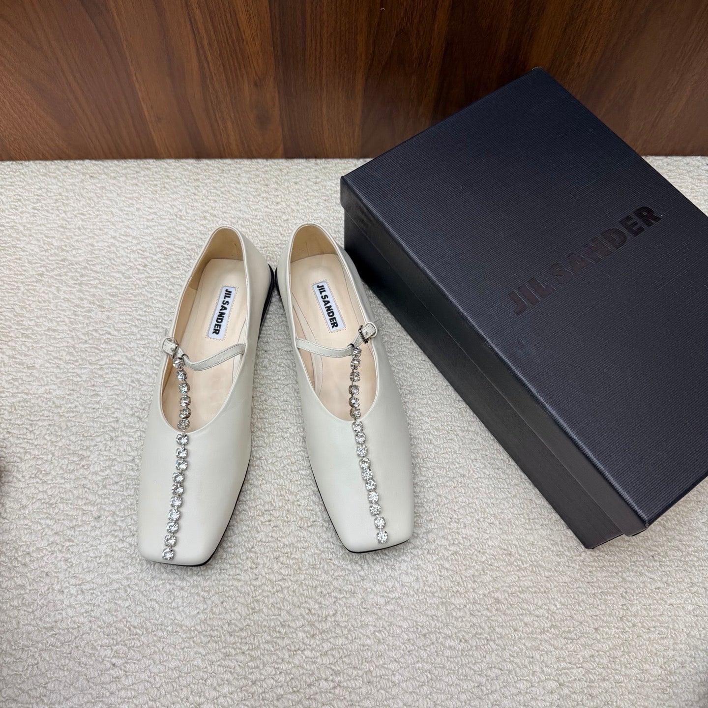 Jil Sander Luxury Crystal-Embellished Mary Jane Ballet Flats (White)