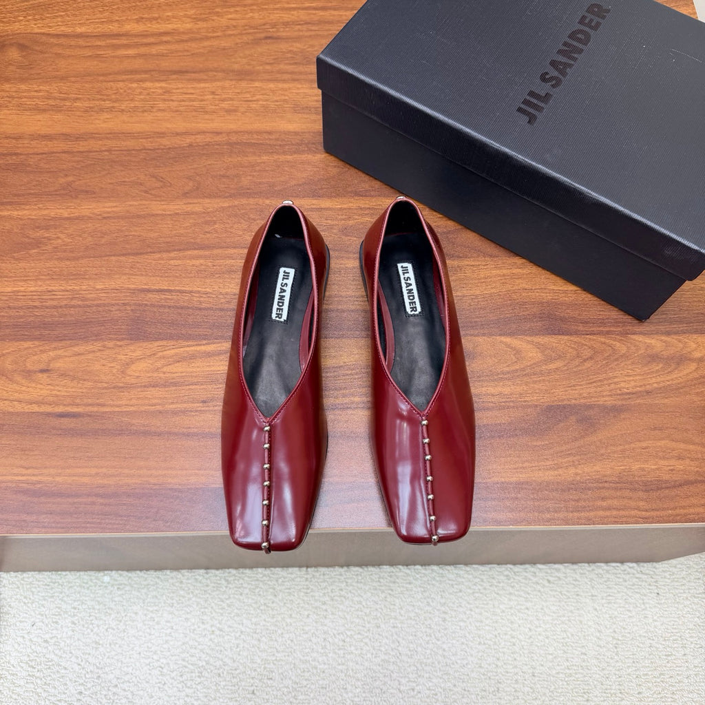 Jil Sander Stud-Embellished Leather Ballet Flats (Red)