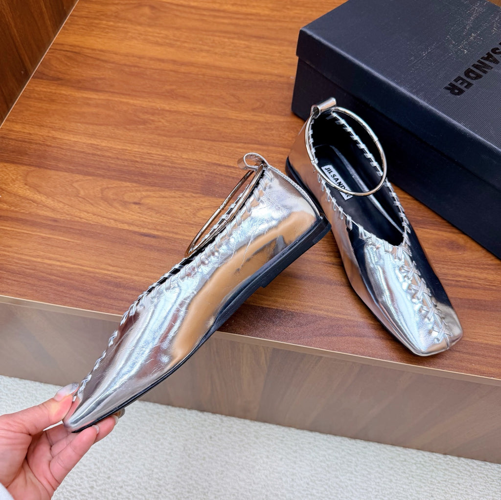 Jil Sander Classic Metallic Ring Ballet Flats (Silver)