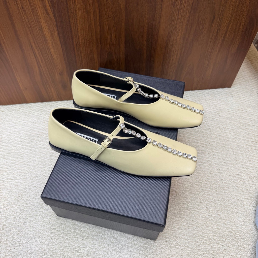 Jil Sander Luxury Crystal-Embellished Mary Jane Ballet Flats (Off-White)